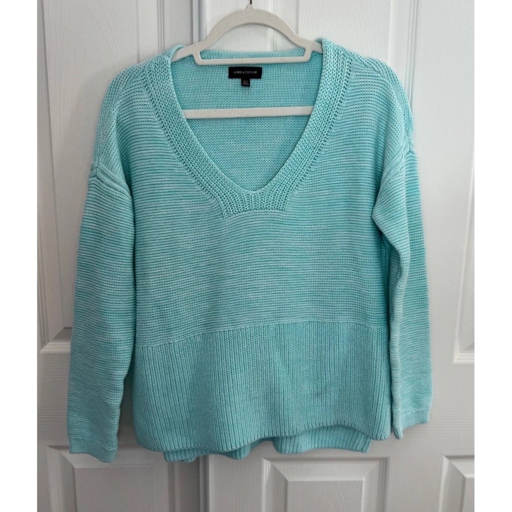 Lord‎ & Taylor Tunic Sweater Women's Medium Blue Long Sleeve V-Neck 100% Cotton